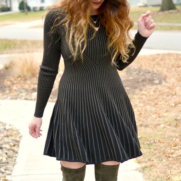 Express Green & Black Ribbed Long Sleeve Fit & Flare Sweater Dress - Picture 6 of 6